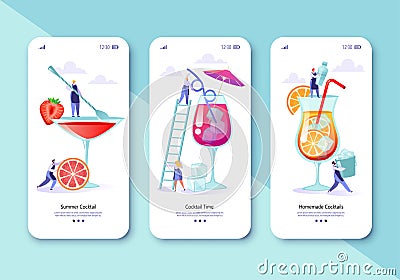 Template for mobile app page with flat people characters preparing delicious summer cocktails. Vector Illustration