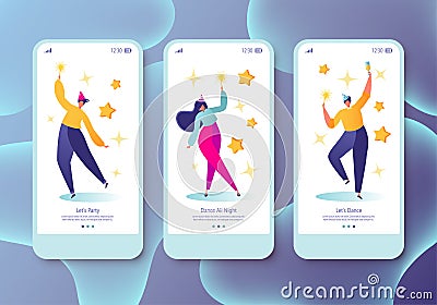 Mobile app page onboard screen set with young happy dancing people. Young men and women enjoying dance party. Vector Illustration