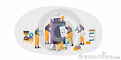 Mobile app construction vector illustration. Orange workers are building mobile app - perfect colors, reviews, ratings Vector Illustration