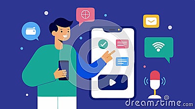 Mobile App Design A VUI designer creating a mobile app interface that integrates voice commands with symbols of a Vector Illustration
