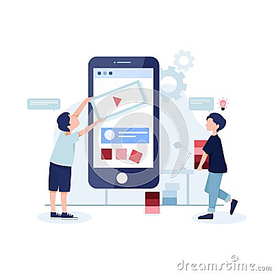 Mobile app development concept banner with characters. Can use for web banner, infographics, hero images. Flat illustration isolat Vector Illustration