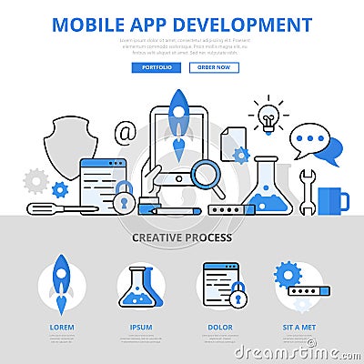 Mobile app development concept flat line art vector icons banner Vector Illustration