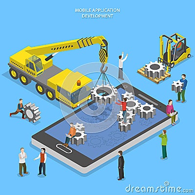 Mobile app development flat isometric vector Vector Illustration