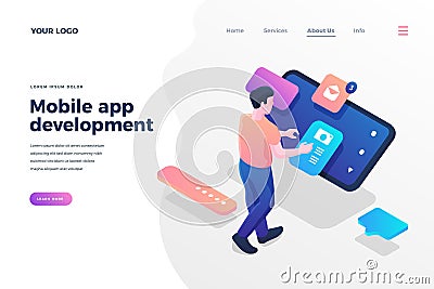 Mobile app development isometric landing page template male programmer, engineer creating smartphone application Vector Illustration
