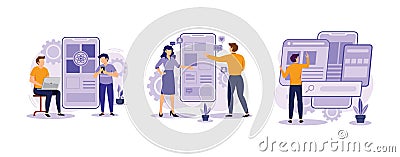 Mobile app development process. React native mobile app, experience design, usability testing, user interface. set flat vector Vector Illustration