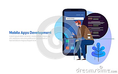 Mobile App Development, Programmer code on laptop. Smart phone application. Vector illustration Vector Illustration