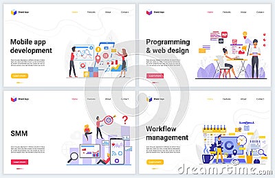 Mobile app development, smm seo technology vector illustrations, creative website interface with workflow management Vector Illustration