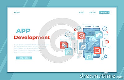 Mobile App Development, Software Management, Ui, Ux Development. Phone screen with program code, mobile app icons. landing page Vector Illustration