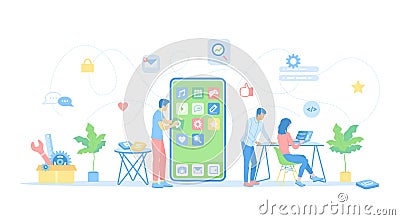 Mobile App Development, Software Management, UI, UX. The team of programmers is developing new mobile applications on big phone. Vector Illustration