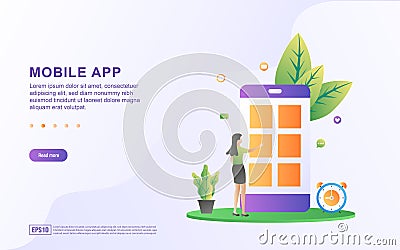 Mobile app flat design concept. Woman is trying a mobile application. Install or update the mobile app. Can use for web landing Vector Illustration