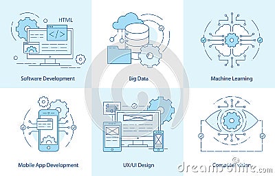Mobile App Line icons. Software Development icon for web design. Big Data and cloud technology concept. Computer vision, Machine Vector Illustration
