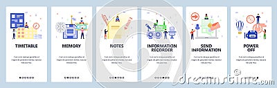 Mobile app onboarding screens. Computer hardware, email, graphic card, memory, calendar. Menu vector banner template for Vector Illustration