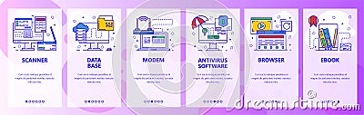Mobile app onboarding screens. Computer hardware, router, printer, antivirus software. Menu vector banner template for Vector Illustration