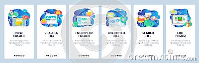 Mobile app onboarding screens. Computer security technology, encrypted files and data, search files, corrupted. Vector Vector Illustration