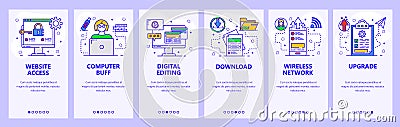 Mobile app onboarding screens. Computer services, secure access, download and upload files, wireless network. Menu Vector Illustration