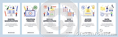 Mobile app onboarding screens. Computer technology, data sync, web control, social media. Menu vector banner template Vector Illustration