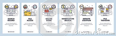 Mobile app onboarding screens. Computer technology, information search, file sync and transfer. Menu vector banner Vector Illustration