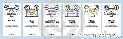 Mobile app onboarding screens. Computer technology, online notes, software install. Menu vector banner template for Vector Illustration