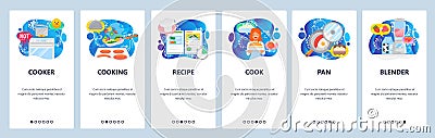 Mobile app onboarding screens. Cooking stove, meal recipe, breakfast food, blender, fry pan. Menu vector banner template Vector Illustration