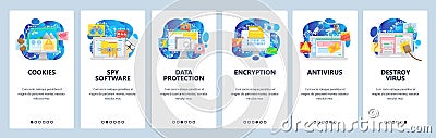 Mobile app onboarding screens. Cyber security, virus malware attack, encryption, data protection, cookies. Vector banner Vector Illustration