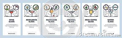 Mobile app onboarding screens. Different drink glasses for wine, cocktail, coffee, water. Menu vector banner template Vector Illustration