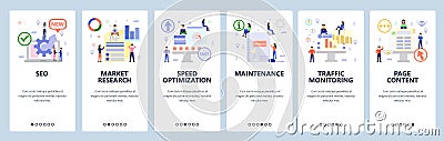 Mobile app onboarding screens. Digital and seo marketing, speed optimization, traffic monitoring. Menu vector banner Vector Illustration