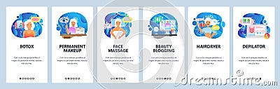 Mobile app onboarding screens. Face massage, beauty spa, cosmetic, botox, hair cut. Menu vector banner template for Vector Illustration