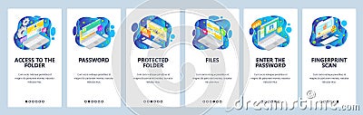 Mobile app onboarding screens. Files secure access, cyber security, account login, password, fingerprint scan. Vector Vector Illustration