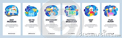 Mobile app onboarding screens. Fitness, diet and healthy lifestyle. Football and soccer game. Menu vector banner Vector Illustration