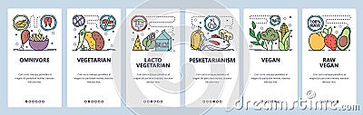 Mobile app onboarding screens. Food diet, vegan, vegetarian, pescatarian. Menu vector banner template for website and Vector Illustration