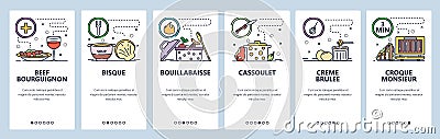 Mobile app onboarding screens. French cuisine, beef bourguignon, creme brulee, bisque, food. Menu vector banner template Vector Illustration