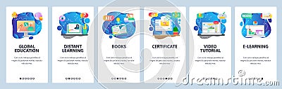 Mobile app onboarding screens. Global education, online courses and tutors, graduation certificate. Menu vector banner Vector Illustration