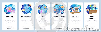 Mobile app onboarding screens. Night sleeping icons, dreamcatcher, candle, pyjamas. Menu vector banner template for Vector Illustration