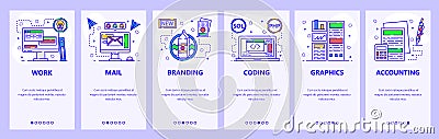 Mobile app onboarding screens. Office work, computer, email, accounting. Menu vector banner template for website and Vector Illustration