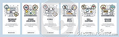 Mobile app onboarding screens. Online shopping, payment option, store location, online access. Menu vector banner Vector Illustration