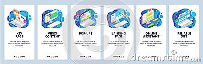 Mobile app onboarding screens. Safe internet access, popup, video content, business charts, secure keys. Vector banner Vector Illustration