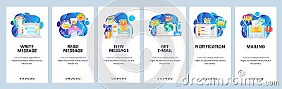Mobile app onboarding screens. Send message, chat bot, new email notification, online cobtact. Menu vector banner Vector Illustration