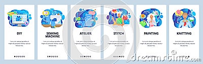 Mobile app onboarding screens. Sewing machine, painting, artist palette, knitting, atelier. Menu vector banner template Vector Illustration