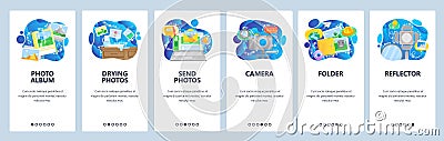 Mobile app onboarding screens. Take and develop photo, digital photography, camera, photo album, light. Vector banner Vector Illustration