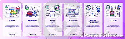 Mobile app onboarding screens. Travel by plane, booking flight tickets, baggage and duty free store. Menu vector banner Vector Illustration