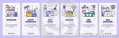 Mobile app onboarding screens. Work in office, sick leave and day off, job interview. Menu vector banner template for Vector Illustration