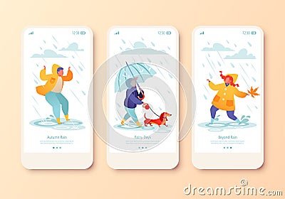 Mobile app page, onboard screen set with kids characters jumping in puddles Vector Illustration