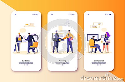 Partnership, business, teamwork, relations in collective mobile app page onboard screen set. Vector Illustration