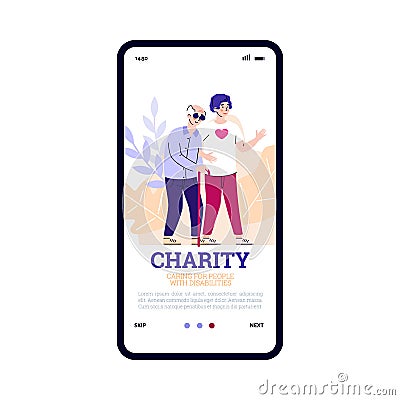 Mobile app on phone screen for caring and charity for elderly with disabilities. Vector Illustration