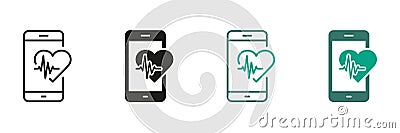 Mobile App for Sport Black and Color Pictogram. Heartbeat Rate in Digital Smart Phone Symbol Collection. Smartphone for Vector Illustration