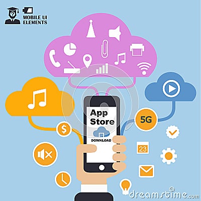 Mobile App Store, concept, flat design illustration,human hand with mobile phone, tablet Cartoon Illustration