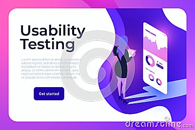 Mobile app testing. Business woman testing usability of application on a big mobile phone isometric screen. Vector Illustration