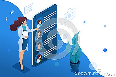 Mobile app to search for doctors nearby with you. Health care concept. 3d isometric Concept for web design Vector Illustration