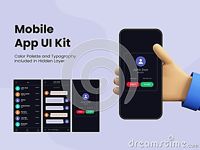 Mobile App UI Kit Including as Call Details, Message and Incoming Calls Accept and Reject Button on Screen Stock Photo