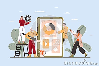 Mobile application build. Development team working on digital product. Designers and programmers create smartphone Vector Illustration
